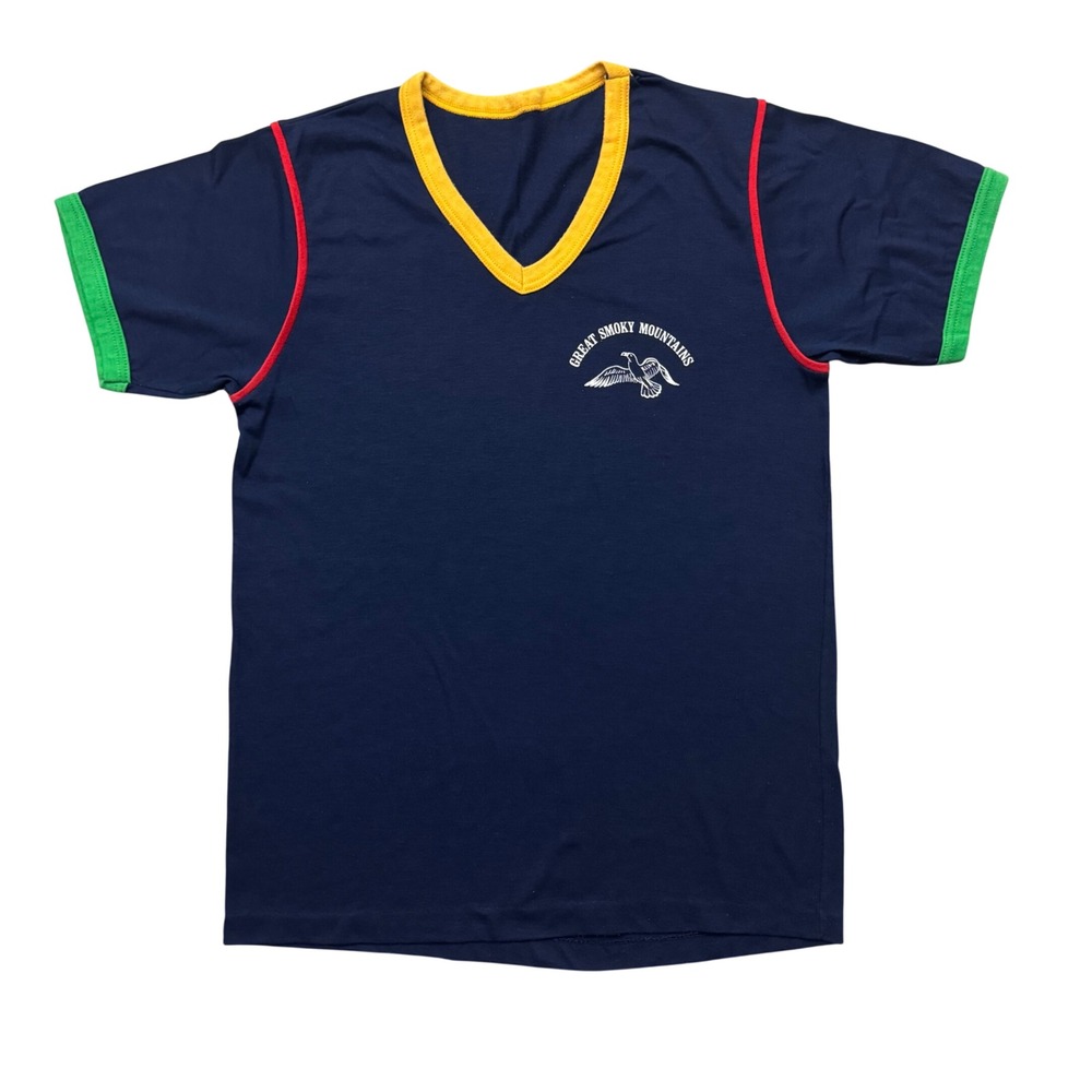 Vintage Great Smoky Mountains Eagle V-Neck Ringer T-Shirt Tee Multicolor S